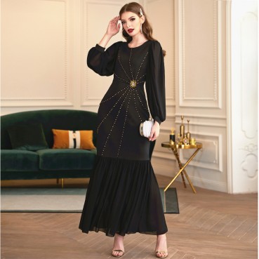 Black stretch slim big lantern gauze sleeves diamond ornaments party dress dress long skirt