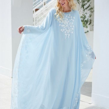 Light blue thick thread positioning embroidery cloak ethnic style loose long coat Dubai travel robe