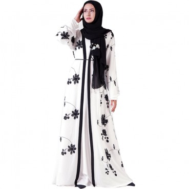 Exquisite thick thread embroidery chiffon bordered Muslim womens outer robe abaya kimono