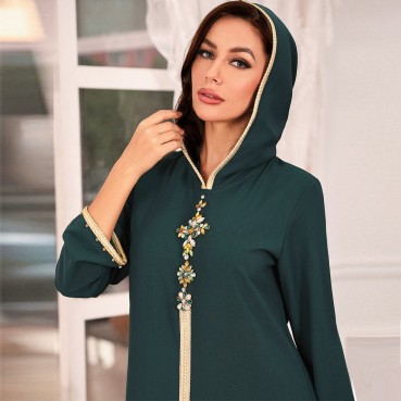 Avocado Green with Hooded Nail Diamonds Middle East Hand-sewn Diamond Robe Abaya Middle Eastern Womens Clothing