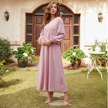 Pink Hand-sewn Rhinestone Pearl Long Sleeve Long Dress Middle East Long Dress