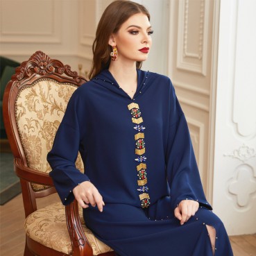 Tibetan blue gold tube Moroccan style Middle Eastern light luxury hand-sewn diamond robe abaya Muslim womens clothing