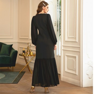 Black stretch slim big lantern gauze sleeves diamond ornaments party dress dress long skirt