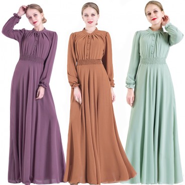 Chiffon multicolor big swing long-sleeved elastic waist gauze skirt European and American womens dresses Muslim