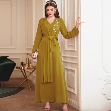 Mustard yellow hand-stitched diamond flower pleated spot new long-sleeved dress