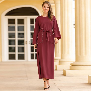 Dark red diamond pocket everyday casual robe Arab Middle East womens dress long skirt muslim abaya