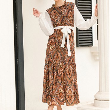 White sleeves printed cardigan dress summer flower bud collar impervious new long skirt ABAYA