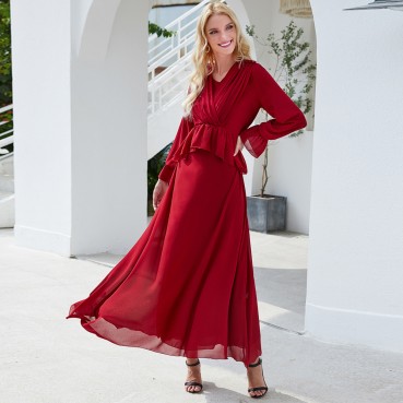 Burgundy dress ins explosive double-layer high-density pearl chiffon impermeable Hui long dress womens clothing