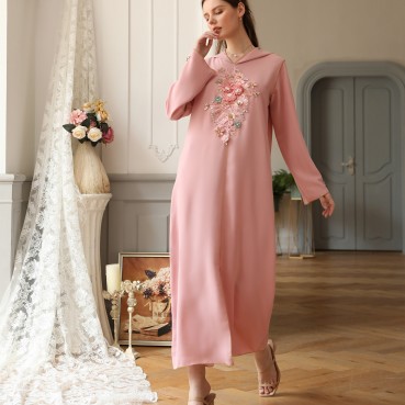 Pink hooded handmade flowers fresh fairy casual long dress dress Moroccan robe