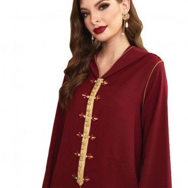 Dark red gold trim hand-sewn diamond hooded robe ABAYA Muslim Middle East Southeast Asia Womens clothing