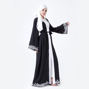 Womens cuffs and hem positioning embroidered black cardigan robe