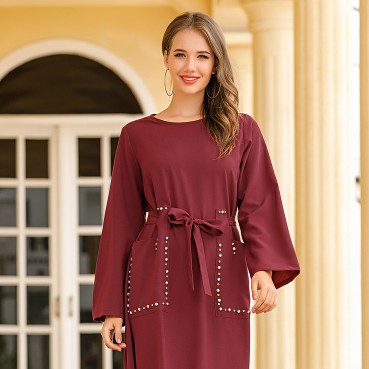 Dark red diamond pocket everyday casual robe Arab Middle East womens dress long skirt muslim abaya