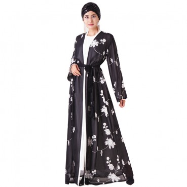 Exquisite thick thread embroidery chiffon bordered Muslim womens outer robe abaya kimono