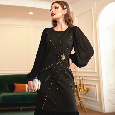 Black stretch slim big lantern gauze sleeves diamond ornaments party dress dress long skirt