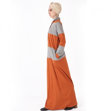 Muslim womens fashion color matching long-sleeved plus size shirt collar dress casual knitted long skirt