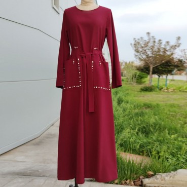 Dark red diamond pocket everyday casual robe Arab Middle East womens dress long skirt muslim abaya