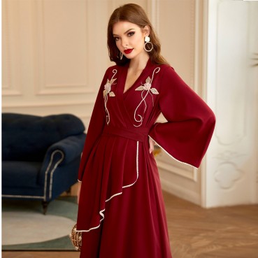 Burgundy hair ball pearl diamond long-sleeved dress Middle Eastern ethnic clothing dress abaya