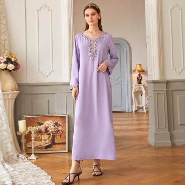 Light Purple Heavy Industry Rhinestone Phnom Penh Robe Middle East Turkey Dress Womens Clothing