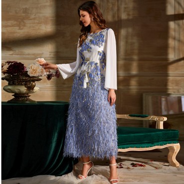 Jacquard gold woven blue feather long-sleeved dress Turkey Middle East Southeast Asia Womens Clothing Ethnic