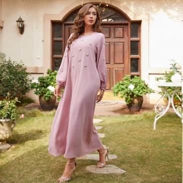 Pink Hand-sewn Rhinestone Pearl Long Sleeve Long Dress Middle East Long Dress