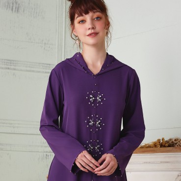 Purple Moroccan Hand-stitched Rhinestone Hooded Robe Middle Eastern Dress Womens Dress