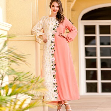 Embroidered gold-woven and color-blocking robe, ethnic style, womens clothing, casual long skirts, Dubai holiday