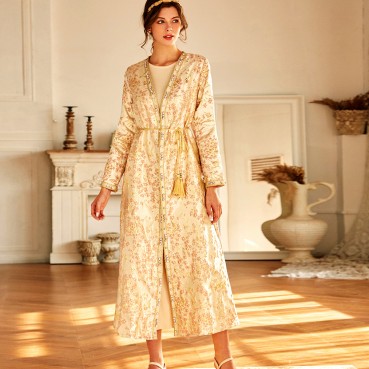 Gold pink jacquard hand-stitched diamond cardigan robe Muslim coat Middle East womens clothing