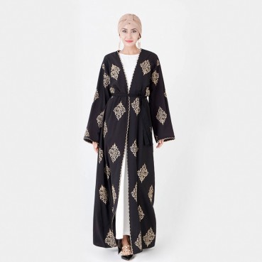 Middle Eastern gold embroidery Turkish womens cardigan robe