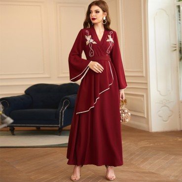 Burgundy hair ball pearl diamond long-sleeved dress Middle Eastern ethnic clothing dress abaya