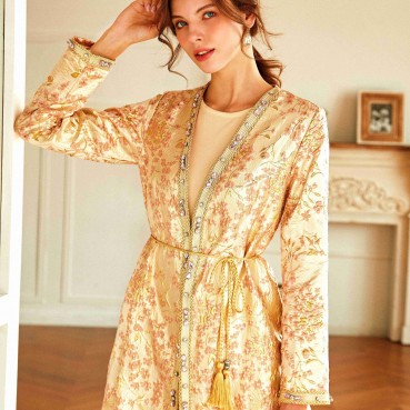 Gold pink jacquard hand-stitched diamond cardigan robe Muslim coat Middle East womens clothing