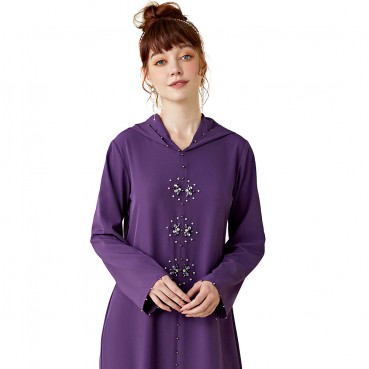 Purple Moroccan Hand-stitched Rhinestone Hooded Robe Middle Eastern Dress Womens Dress