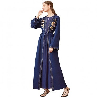 Navy blue flower stitched cardigan robe Muslim coat Middle East womens clothing