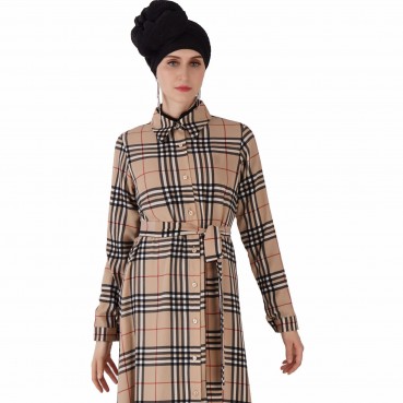 Muslim womens robe plaid jumpsuit Muslim long-sleeved womens robe