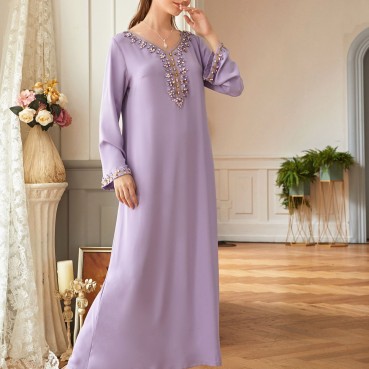 Light Purple Heavy Industry Rhinestone Phnom Penh Robe Middle East Turkey Dress Womens Clothing