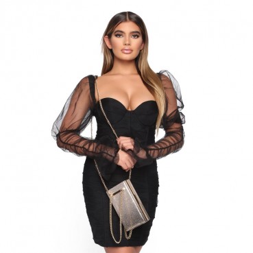 Summer 2021 womens sexy inhale chest splicing mesh sleeves night shop style slim dress female