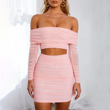 Mesh skirt set 2021 autumn new sexy pleated line shoulders short skirt mini dress female