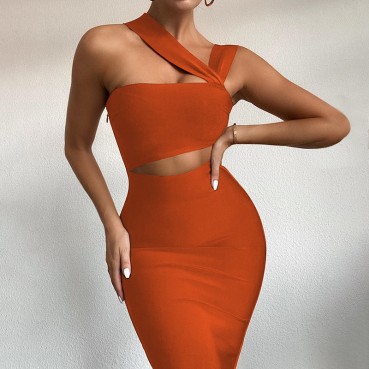 European and American autumn new shoulder tube breast long solid color party fashion dress female