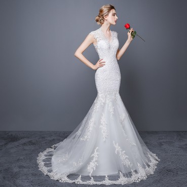 Wedding dress 2021 new shoulder drill V-neck sexy fish tail dress large size tail lace European and American bridal