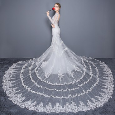 Wedding dress 2021 new long sleeve V-colored fish tail tail dress custom slim slim fashion large size lace wedding