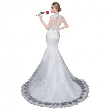 Wedding dress 2021 new shoulder drill V-neck sexy fish tail dress large size tail lace European and American bridal