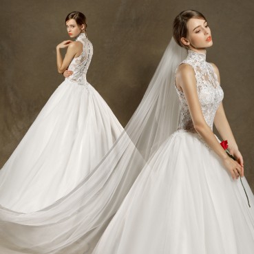 New wedding semi-high collar, lace wedding multi-layer mesh tail white European wedding dress