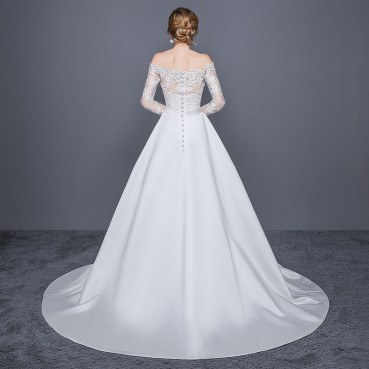 Wedding dress 2021 new lace satin one-shoulder sexy white Korean bride wedding tail large size wedding dress