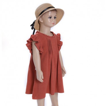 INS princess dress lace flying flying sleeve solid color linen girls dress Terminal childrens dress