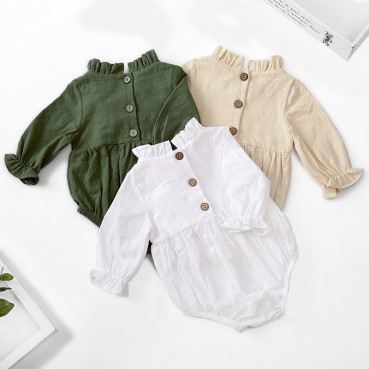 New long-sleeved cotton and linen newborn clothing solid color flying sleeves lace neck babies in childrens clothing