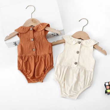 Newborn cotton and linen clothes solid color sleeveless lotus leaf baby linnats childrens romper baby bag