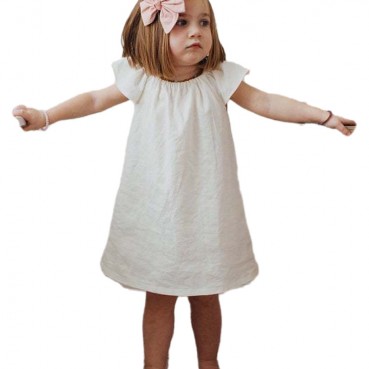 New girl cotton linen short-sleeved dress solid color cotton and linen girl A version of the princess dress childrens