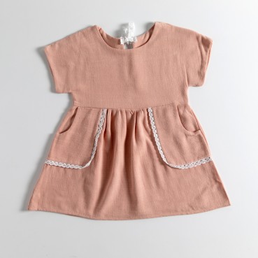 Girls dresses 2021 summer new girl linen solid color lace pocket short sleeve dress