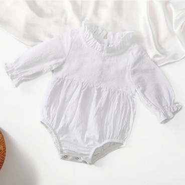 New long-sleeved cotton and linen newborn clothing solid color flying sleeves lace neck babies in childrens clothing