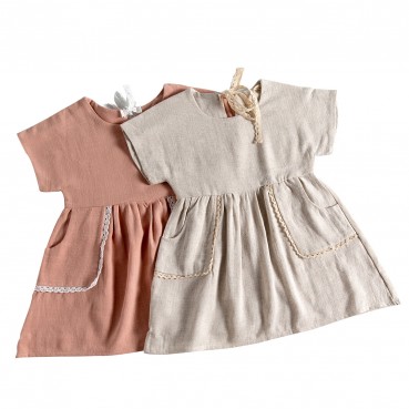 Girls dresses 2021 summer new girl linen solid color lace pocket short sleeve dress