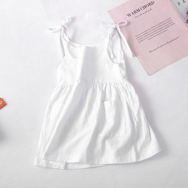 INS European beauty summer solid color cotton linen 2 side pocket sling dress tape child sling dress